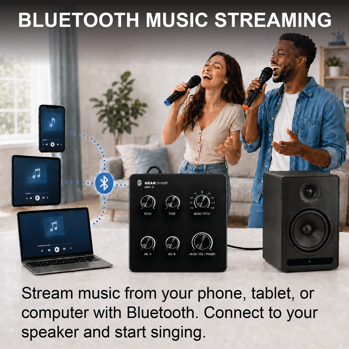 GearChamp MXP-2 | Wireless Microphone Karaoke Mixer System w/ Music Pitch Control, Bluetooth, HD ARC, Optical, AUX - Supports Smart TV, Sound Bar, Receiver