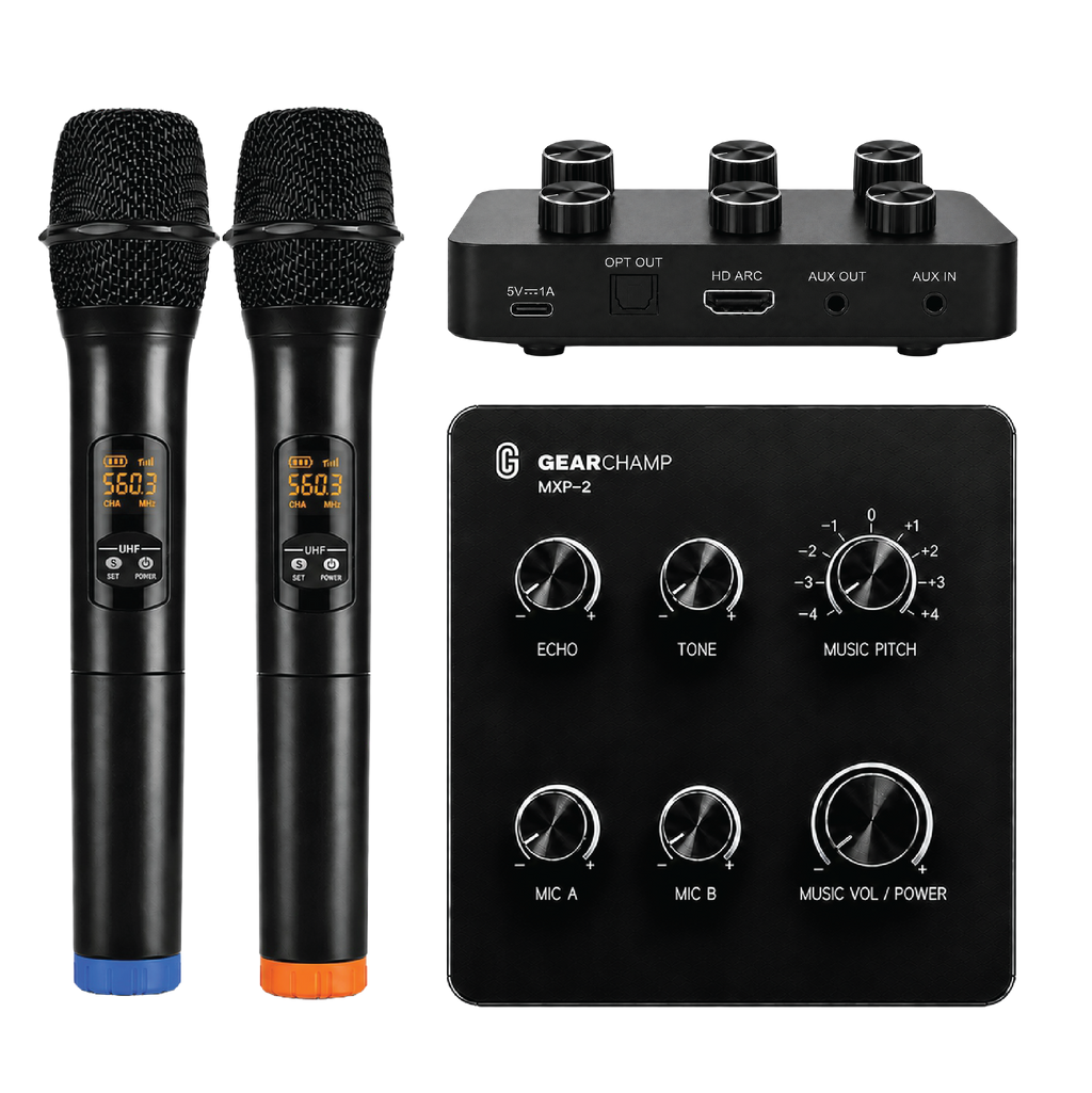 GearChamp MXP-2 | Wireless Microphone Karaoke Mixer System w/ Music Pitch Control, Bluetooth, HD ARC, Optical, AUX - Supports Smart TV, Sound Bar, Receiver