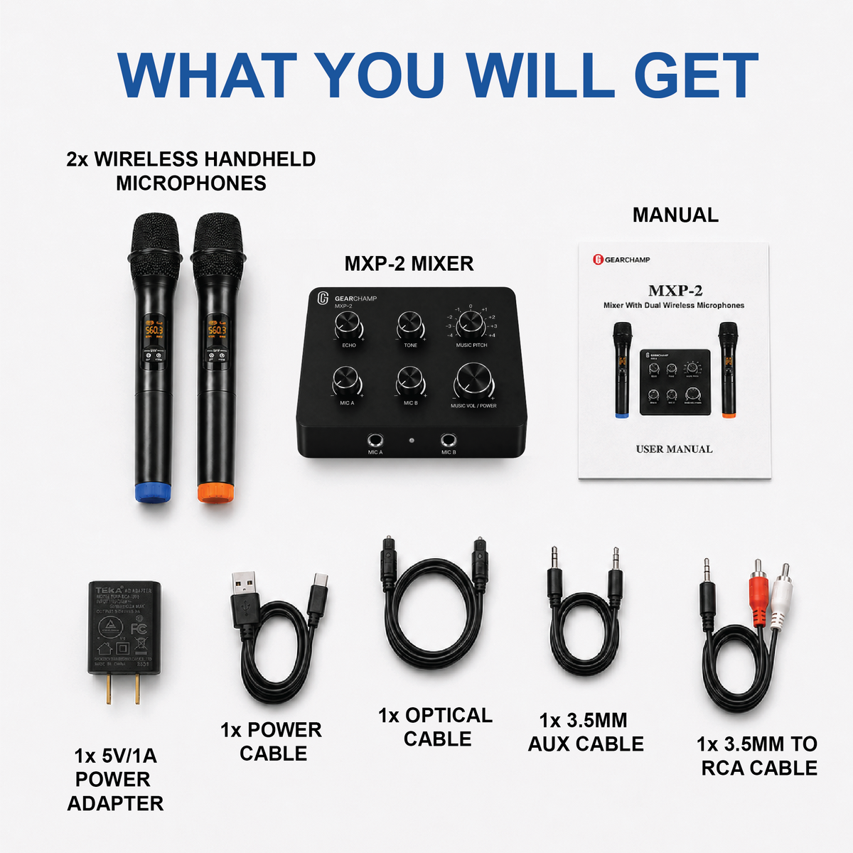 GearChamp MXP-2 | Wireless Microphone Karaoke Mixer System w/ Music Pitch Control, Bluetooth, HD ARC, Optical, AUX - Supports Smart TV, Sound Bar, Receiver