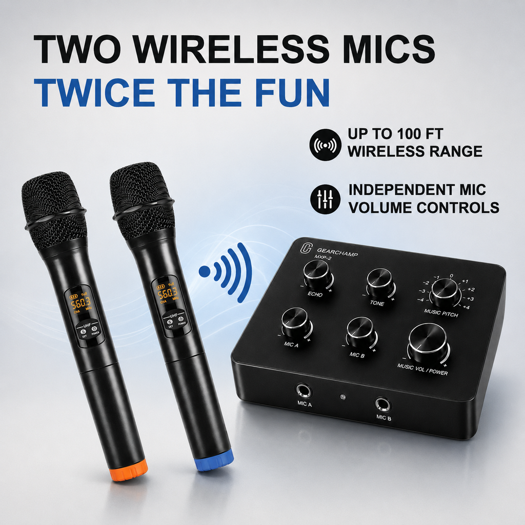 GearChamp MXP-2 | Wireless Microphone Karaoke Mixer System w/ Music Pitch Control, Bluetooth, HD ARC, Optical, AUX - Supports Smart TV, Sound Bar, Receiver